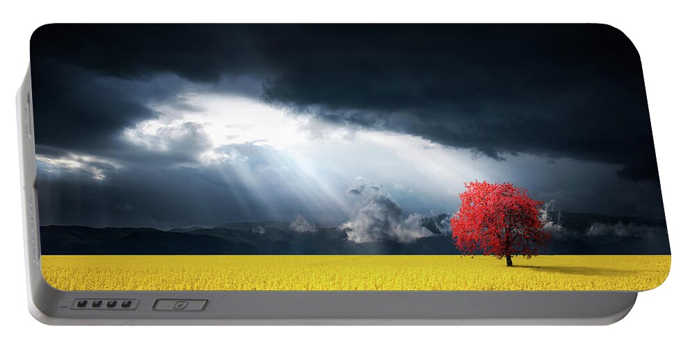 Autumn Portable Battery Charger featuring the photograph Red Tree on Canola meadow by Bess Hamiti