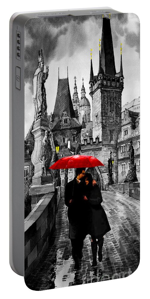 Mix Media Portable Battery Charger featuring the mixed media Red Umbrella by Yuriy Shevchuk