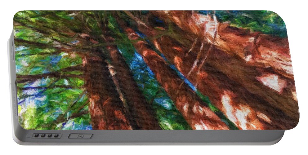 Landscape Portable Battery Charger featuring the mixed media Redwoods 2 by Jonathan Nguyen