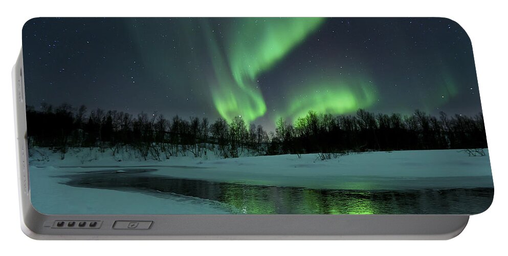#faatoppicks Portable Battery Charger featuring the photograph Reflected Aurora Over A Frozen Laksa by Arild Heitmann