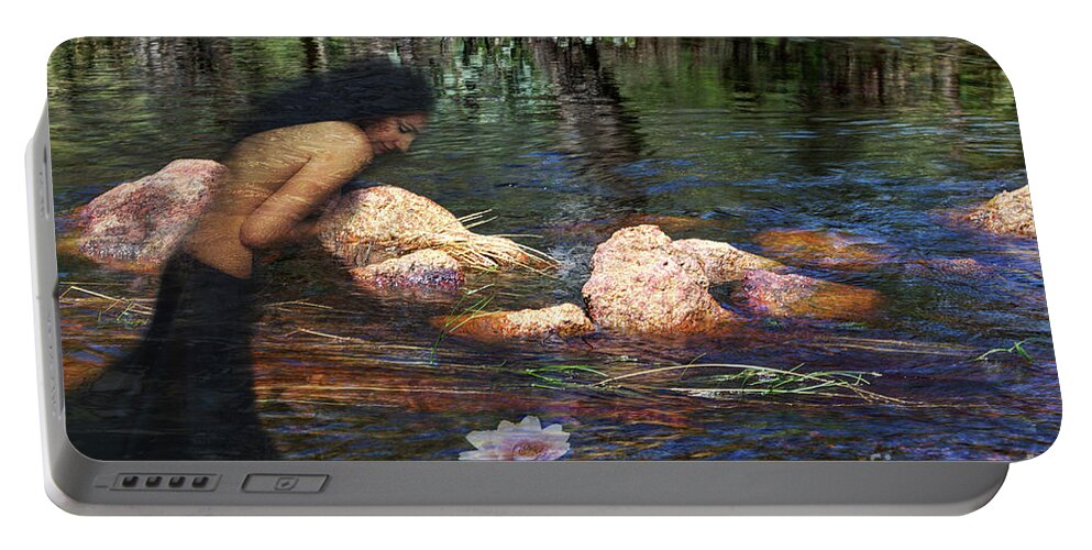 Manipulation Portable Battery Charger featuring the photograph Reflecting on the Lotus by Elaine Teague