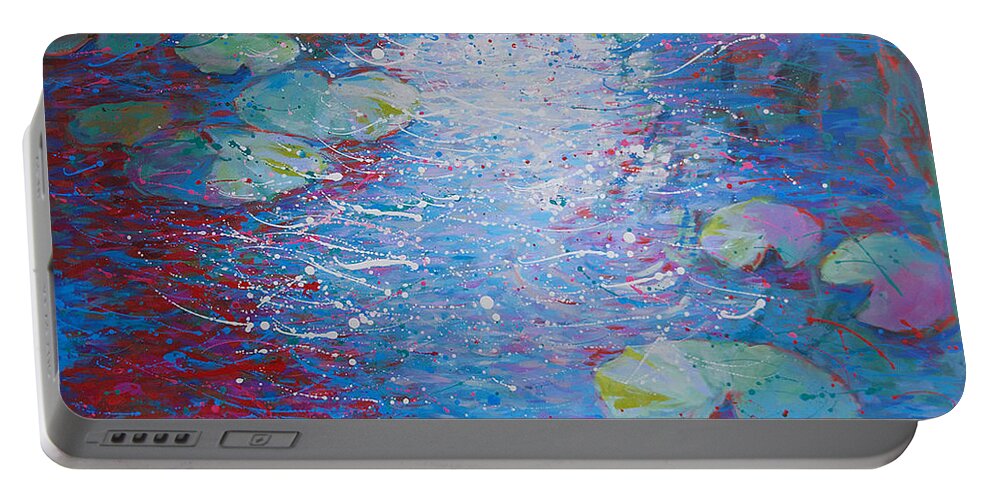  Portable Battery Charger featuring the painting Reflection Pond with Liles by Jyotika Shroff