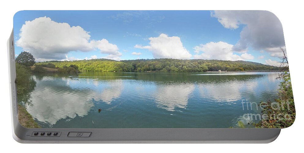 England - Lake - Water - Hill - Trees - Sky - Reflections Portable Battery Charger featuring the photograph Reflections of Linacre by Chris Horsnell