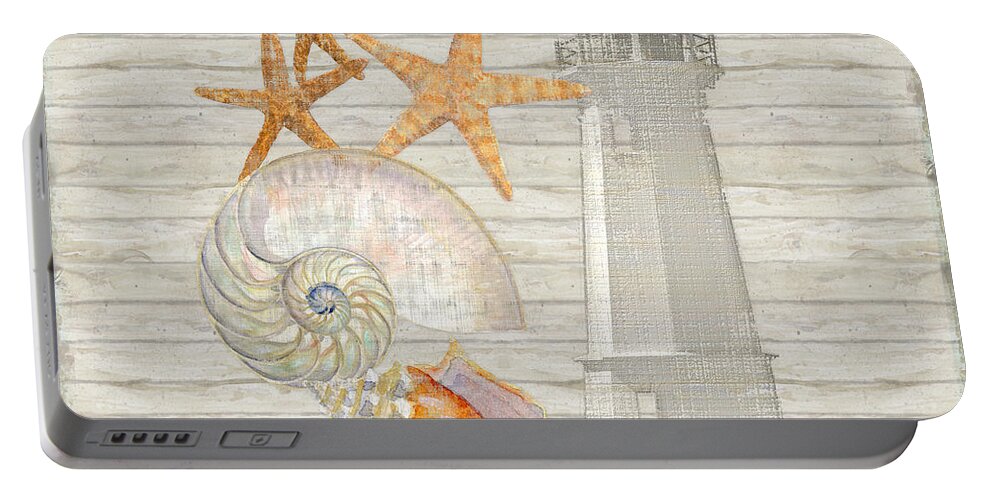 Lighthouse Portable Battery Charger featuring the painting Refreshing Shores - Lighthouse Starfish Nautilus n Conch over driftwood background by Audrey Jeanne Roberts