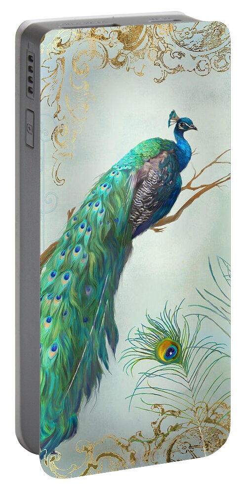 Peacock On Tree Branch Portable Battery Charger featuring the painting Regal Peacock 1 on Tree Branch w Feathers Gold Leaf by Audrey Jeanne Roberts