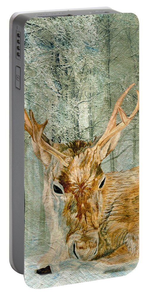 Deer Portable Battery Charger featuring the painting Reindeer In The Forest by Angeles M Pomata