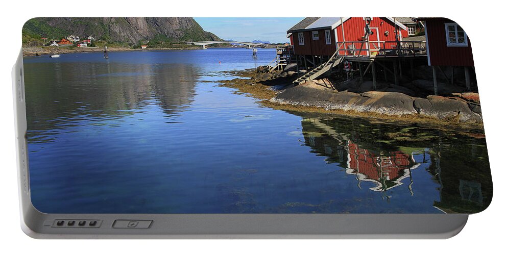 Fishing Village Portable Battery Charger featuring the digital art Reine, Norway by Lisa Redfern