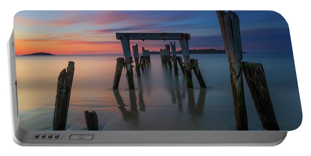 Sunrise; Massachusetts; New England; Pier; Historic; Long Exposure; Ocean; Beverly; Beverly Farms; West Beach; Misery Island; East Coast; Usa; Red; Orange; Peaceful; Calm; Soothing; Tranquil; Morning; Alone; Old; Relic; Blizzard Of '78; Remains; Relic Portable Battery Charger featuring the photograph Relic by Rob Davies