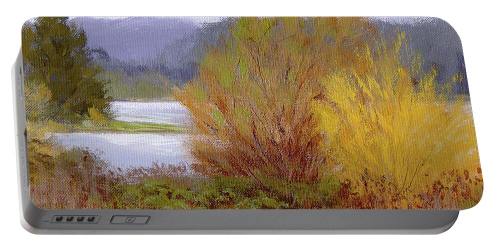 Water Portable Battery Charger featuring the painting Reservoir Spring by Karen Ilari