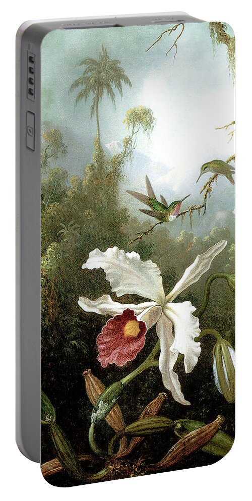 Masters Portable Battery Charger featuring the painting Retouched Masters - Orchid and Hummingbirds in tropical forest by Audrey Jeanne Roberts