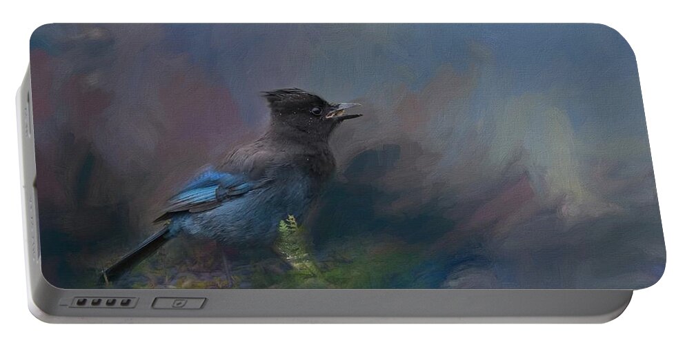 Steller's Jay Portable Battery Charger featuring the painting Rhapsody In Blue by Eva Lechner