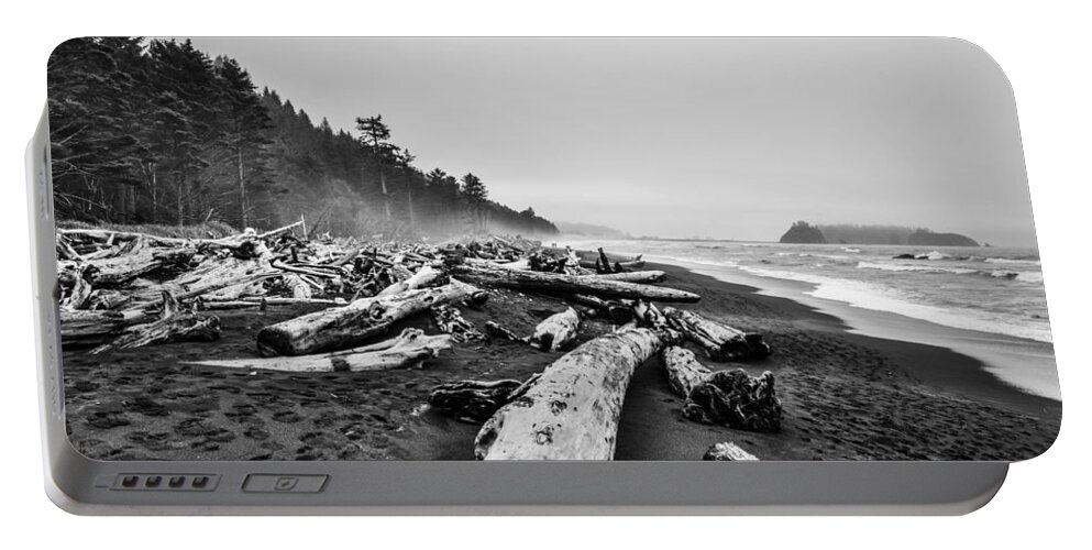 Rain Portable Battery Charger featuring the photograph Rialto Beach Black and White by Pelo Blanco Photo