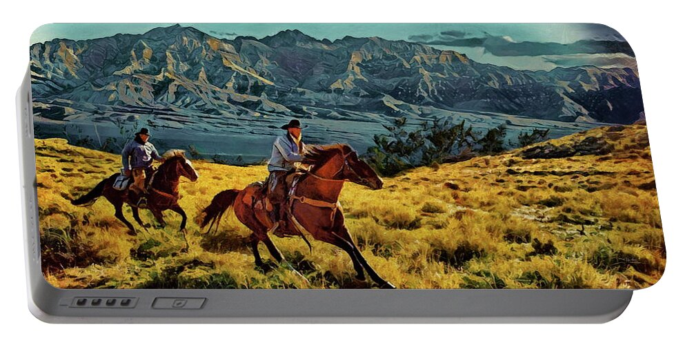 Cowboys Portable Battery Charger featuring the mixed media Ride'm Cowboy by Russ Harris