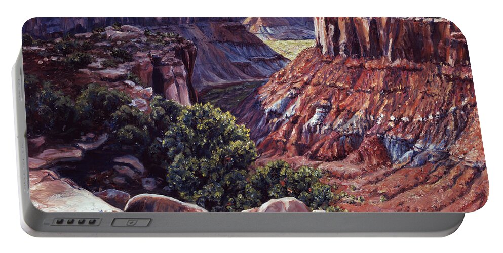 Landscape Portable Battery Charger featuring the painting Rimrocked No Way Down by Page Holland