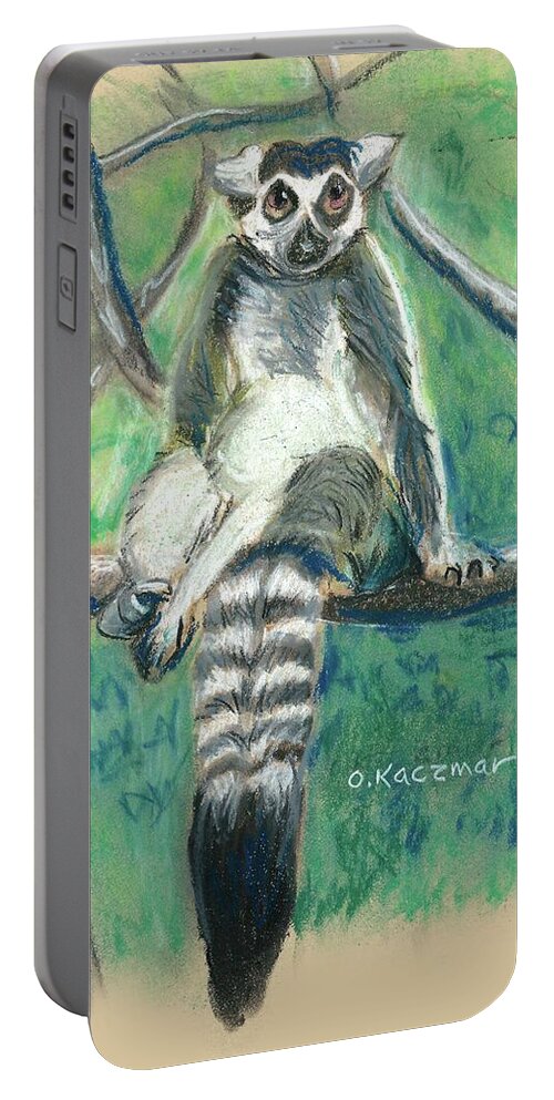 Ring Tailed Lemur On Tree Branch Portable Battery Charger featuring the pastel Ring-tailed Lemur by Olga Kaczmar