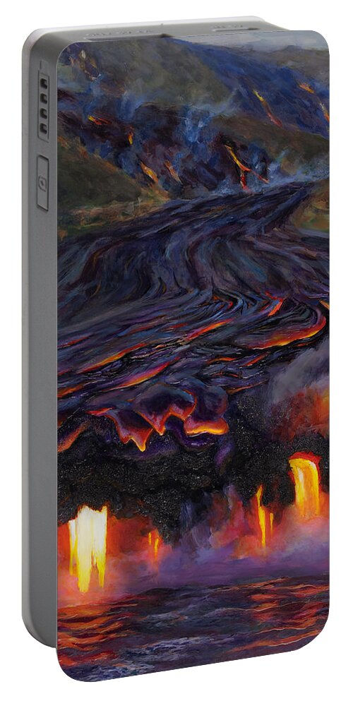 Hot Lava Portable Battery Charger featuring the painting River of Fire - Kilauea Volcano Eruption Lava Flow Hawaii Contemporary Landscape Decor by K Whitworth