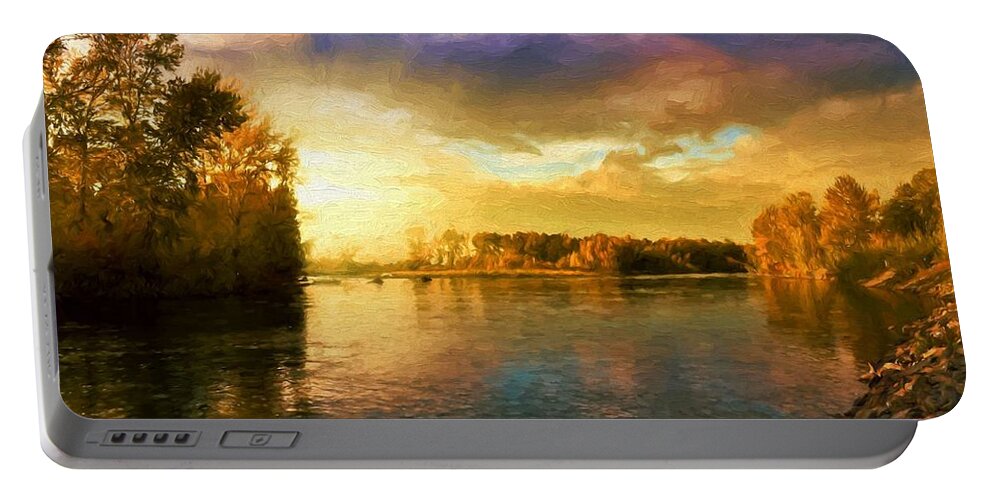 Landscape Portable Battery Charger featuring the digital art River Sunset by Charmaine Zoe