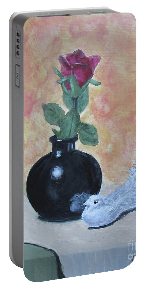 Still Life Portable Battery Charger featuring the painting Rose Vase Reflection by Tina Glass