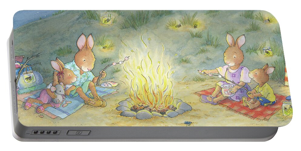 Sunny Bunnies Portable Battery Charger featuring the painting Roasting Marshmallows -- No Text by June Goulding