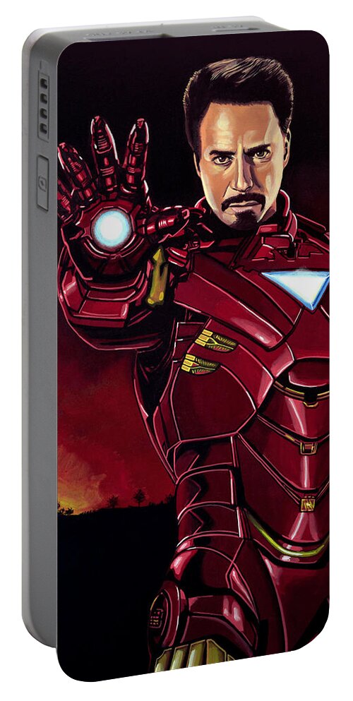 Iron Man Portable Battery Charger featuring the painting Robert Downey Jr. as Iron Man by Paul Meijering