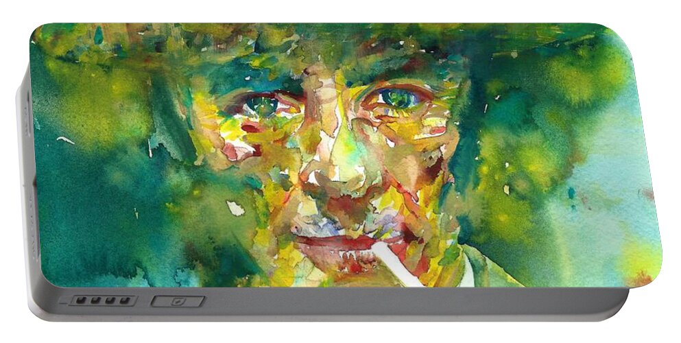 Robert Oppenheimer Portable Battery Charger featuring the painting ROBERT OPPENHEIMER - watercolor portrait.2 by Fabrizio Cassetta