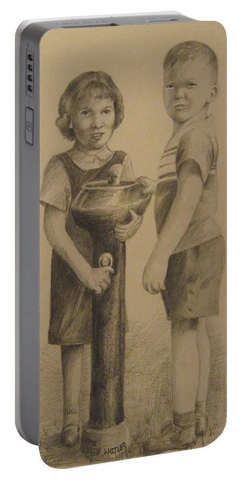 Robin Portable Battery Charger featuring the drawing Robin And The Giant by Larry Whitler