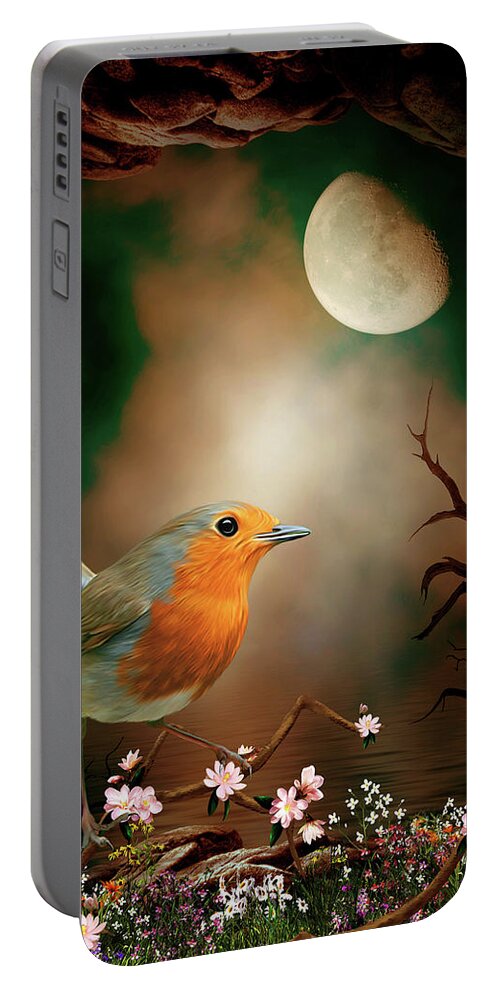 Robin In The Moonlight Portable Battery Charger featuring the digital art Robin in the moonlight by John Junek