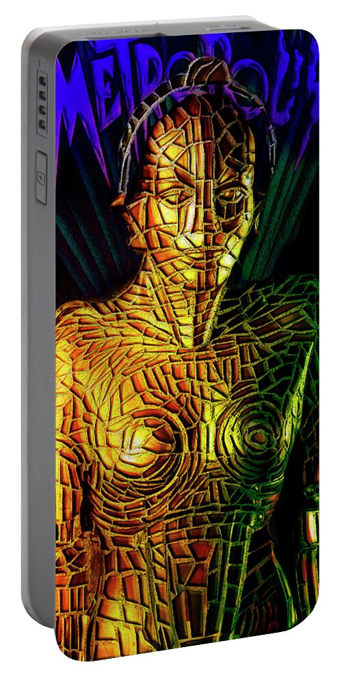 Metropolis Portable Battery Charger featuring the digital art Robot of Metropolis by Michael Cleere