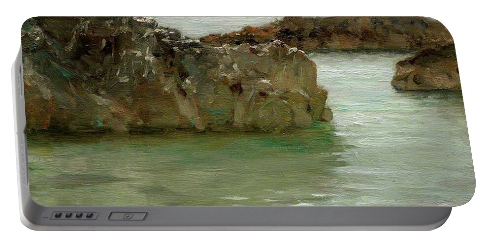 Rocks Portable Battery Charger featuring the painting Rocks at Newporth by Henry Scott Tuke