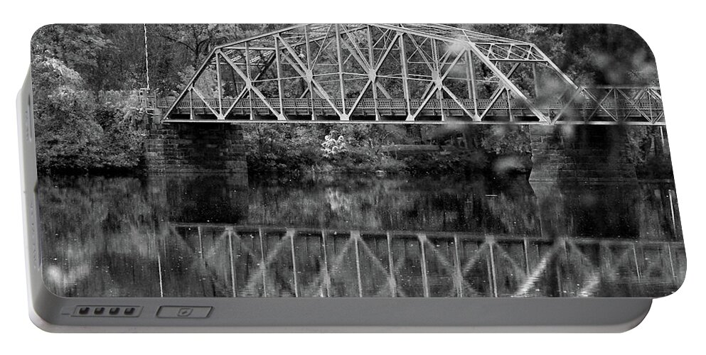 Rocks Portable Battery Charger featuring the photograph Rocks Village Bridge in black and white by Nancy Landry