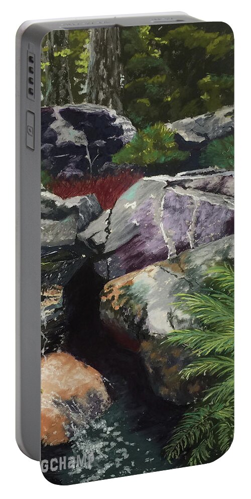 Rocky Creek Portable Battery Charger featuring the pastel Rocky Creek by Gerry Delongchamp