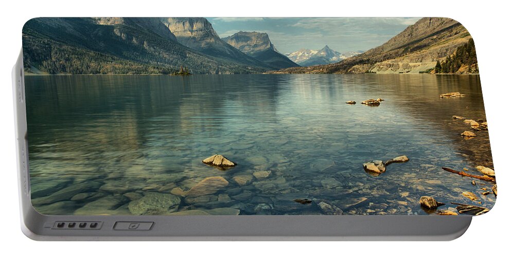 St Mary Lake Portable Battery Charger featuring the photograph Rocky Shores Along St. Mary Lake by Adam Jewell
