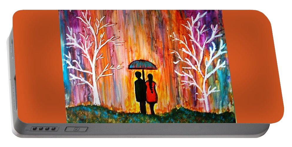 Romantic Painting Figures Romance Umbrella Rain Blue Red Orange People Trees Abstract Figures Love Valentine Purple Abstract Landscape Portable Battery Charger featuring the painting Romance in the Rain by Manjiri Kanvinde