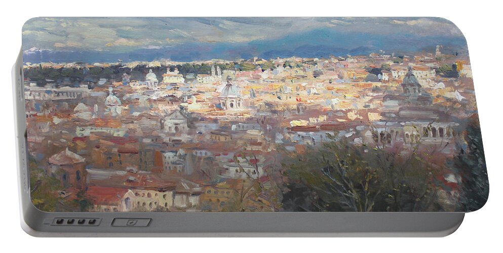 Rome Da Giannicolo Portable Battery Charger featuring the painting Rome da Giannicolo - 2016 by Ylli Haruni