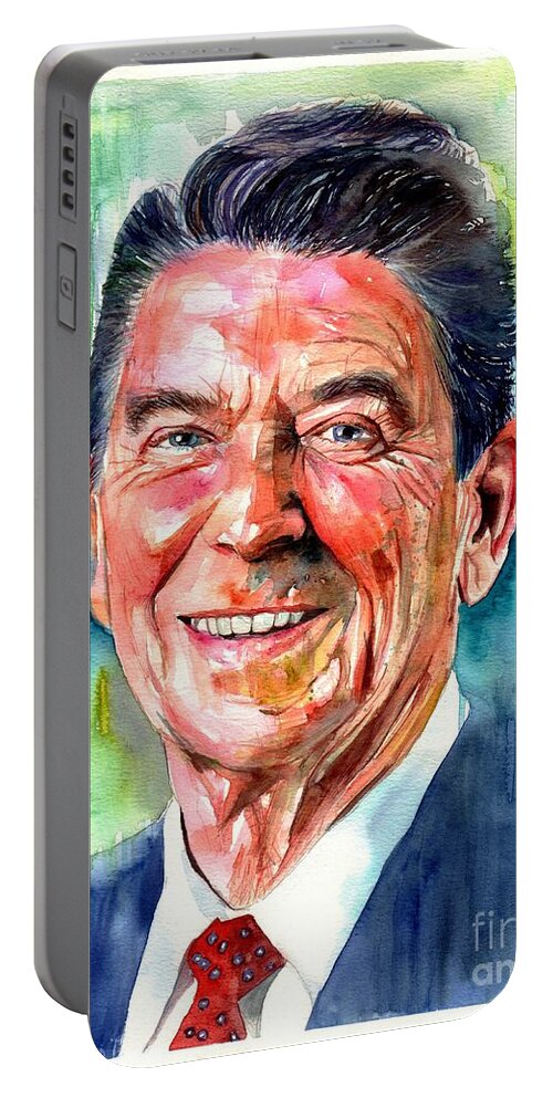 Ronald Portable Battery Charger featuring the painting Ronald Reagan watercolor by Suzann Sines