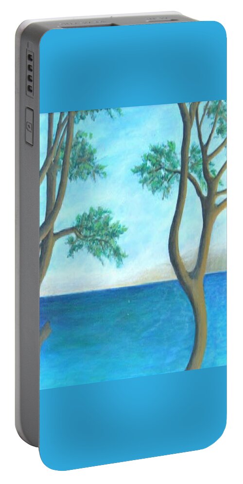 #acrylicpaintings #landscapepaintings #originalartforsale #artwithwaterandtrees #coolart #fineartamerica.com #originalpaintings Portable Battery Charger featuring the painting Room with a View by Cynthia Silverman