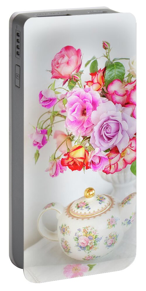 Roses Portable Battery Charger featuring the photograph Rose Bouquet and Vintage Teapot by Susan Gary