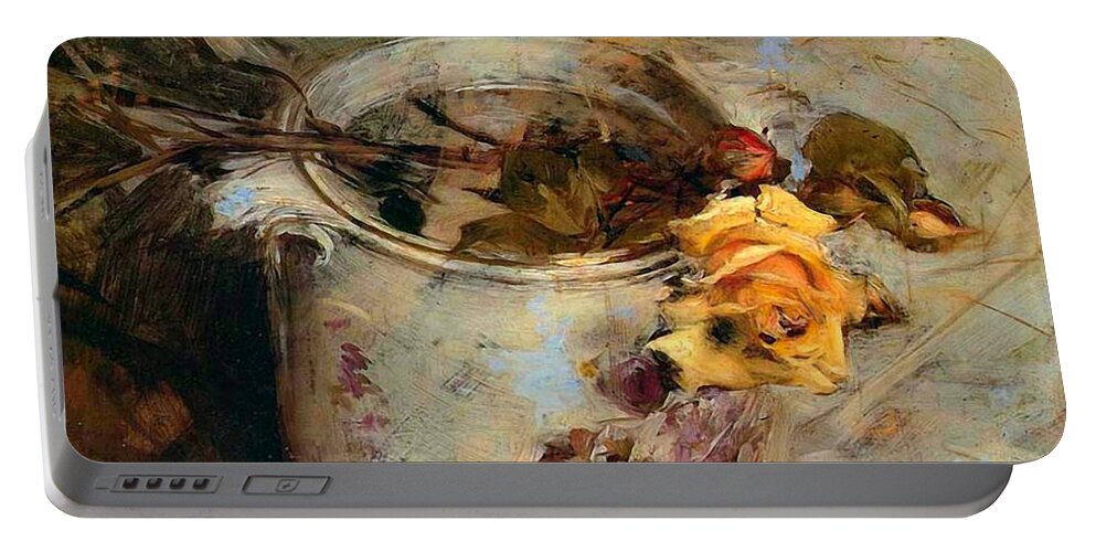 Painting Portable Battery Charger featuring the painting Rose in Vase of Sassonia by Giovanni Boldini by Art Anthology