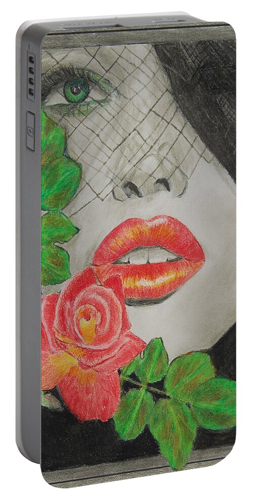 Rose Portable Battery Charger featuring the drawing Rose Kisses 2 by Quwatha Valentine