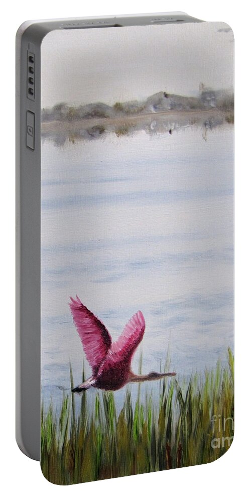 Roseate Spoonbill Portable Battery Charger featuring the painting Roseate Spoonbill Flight Over the Bay by Jimmie Bartlett