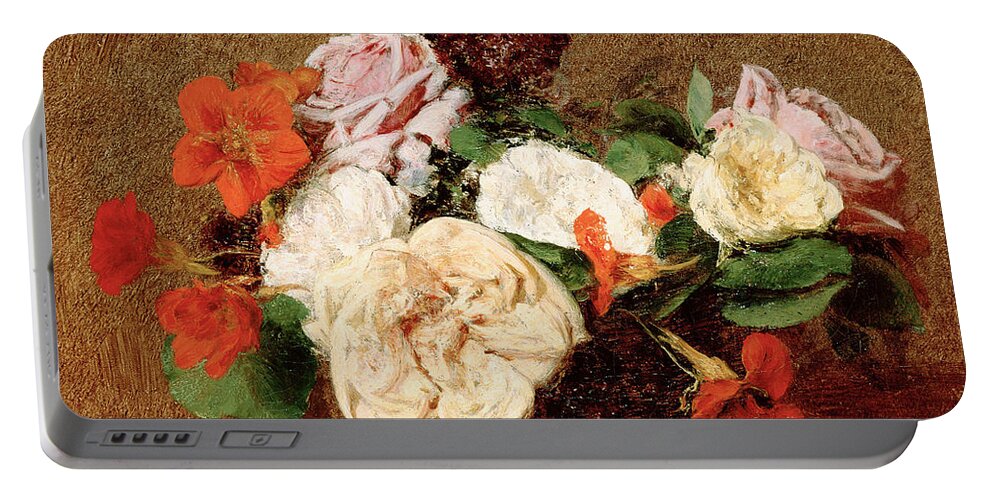 Henri Fantin-latour Portable Battery Charger featuring the painting Roses and Nasturtiums in a Vase by Henri Fantin-Latour