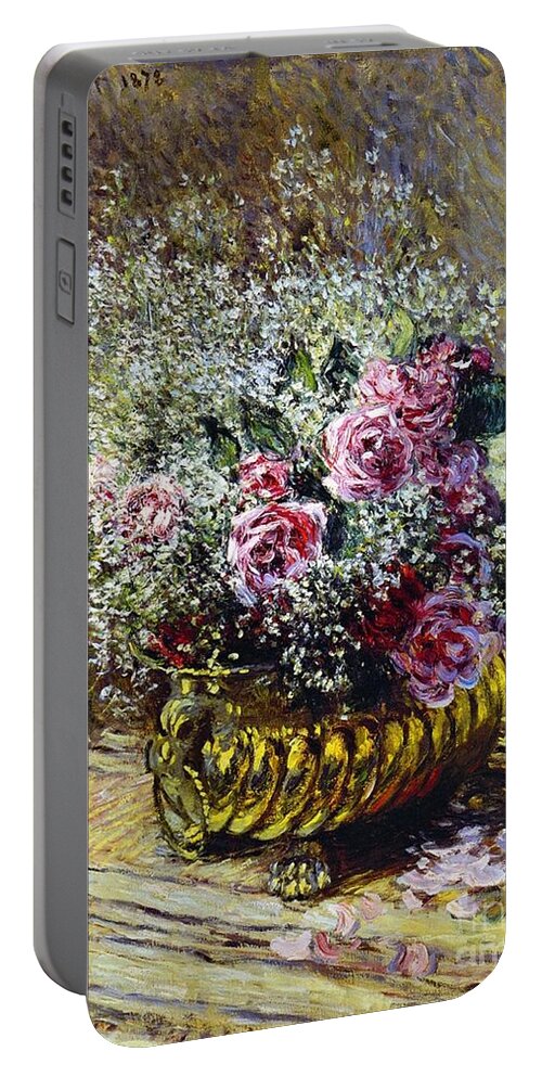 Roses In A Copper Vase Portable Battery Charger featuring the painting Roses in a Copper Vase by Claude Monet