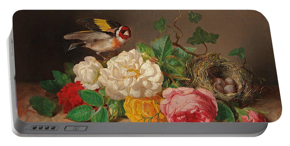 Josef Lauer Portable Battery Charger featuring the painting Roses with Goldfinch and Bird's Nest by Josef Lauer