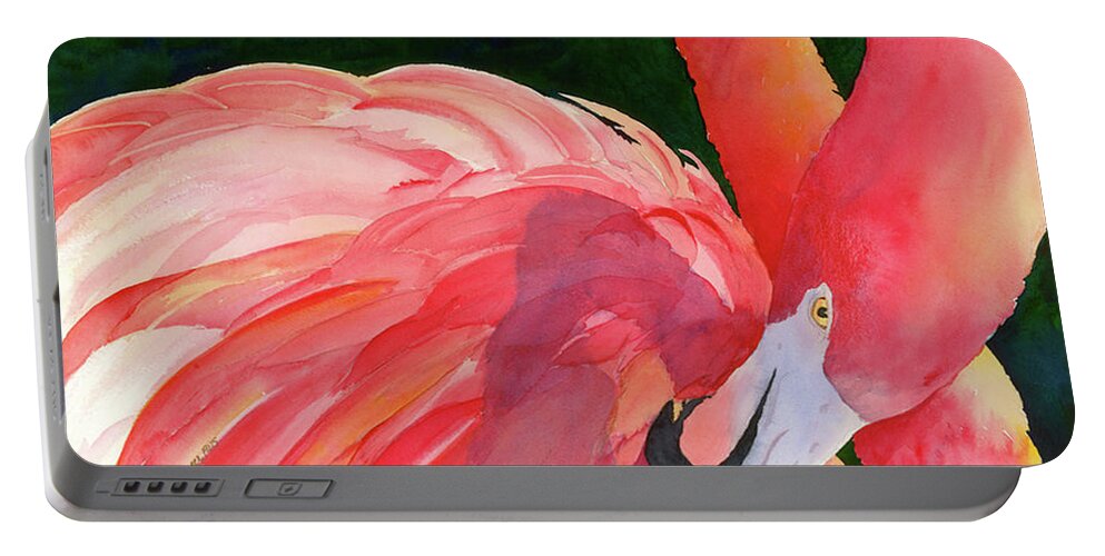Flamingo Portable Battery Charger featuring the painting Rosy Outlook by Judy Mercer