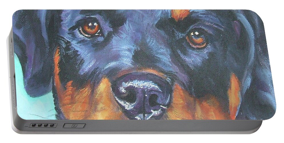 Rotteiler Dog Art Portable Battery Charger featuring the painting Rottweiler Teen Doggie by Lee Ann Shepard