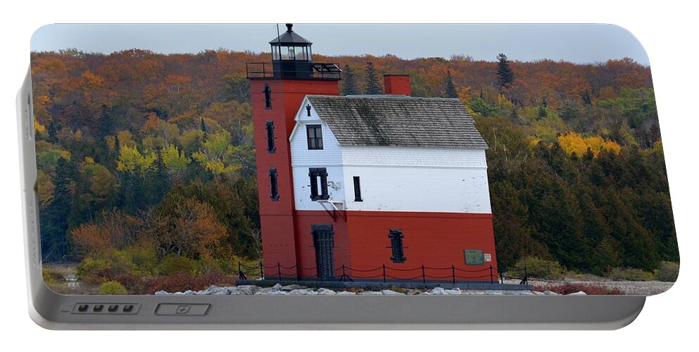 Lighthouse Portable Battery Charger featuring the photograph Round Island Lighthouse in October by Keith Stokes