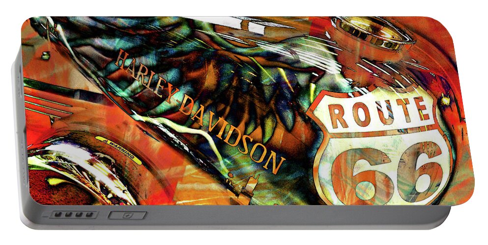Route 66 Portable Battery Charger featuring the digital art Route 66 Harley Photo Art 001 by DiDesigns Graphics