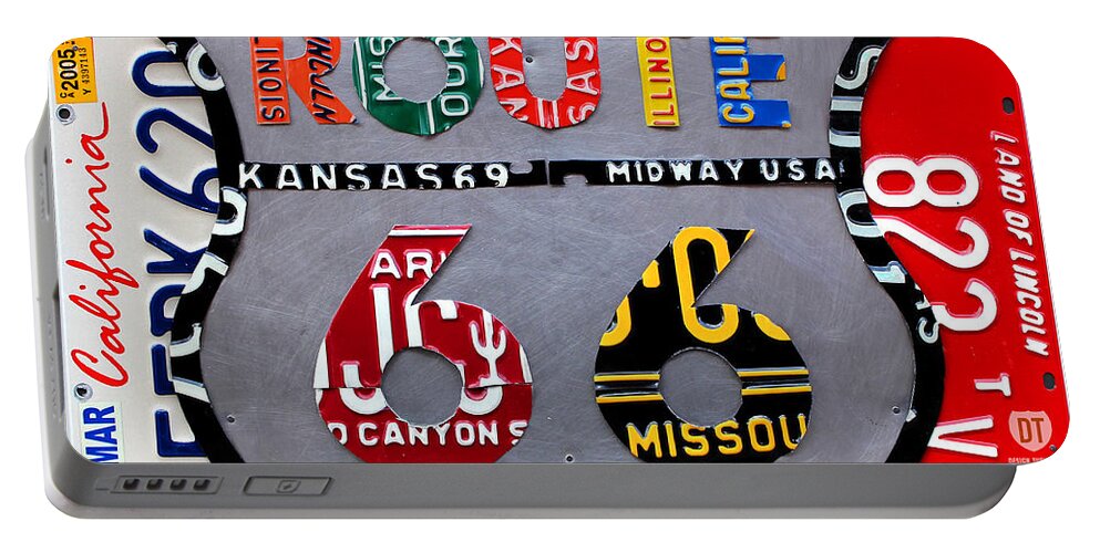 Route 66 Highway Road Sign License Plate Art Travel License Plate Map Portable Battery Charger featuring the mixed media Route 66 Highway Road Sign License Plate Art by Design Turnpike