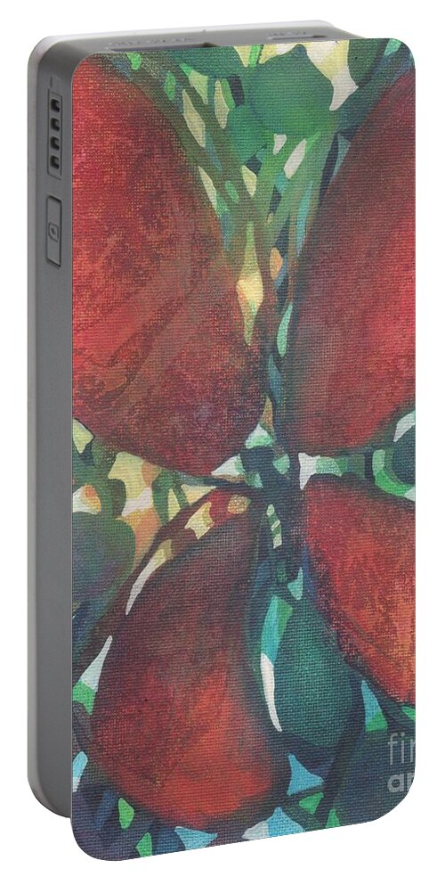 Colorful Imaginary Imaginary Butterfly In A Rainbow-colored Make Believe Tropical Garden. This Vibrant Abstract Butterfly Painting Is The Perfect Accent Piece To Brighten Your Room Or Attract Attention When Added To Any Grouping.  Portable Battery Charger featuring the painting Ruby Red Butterfly by Joan Clear