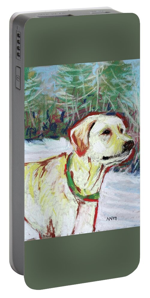 Yellow Lab Portable Battery Charger featuring the pastel Rudy by AnneMarie Welsh